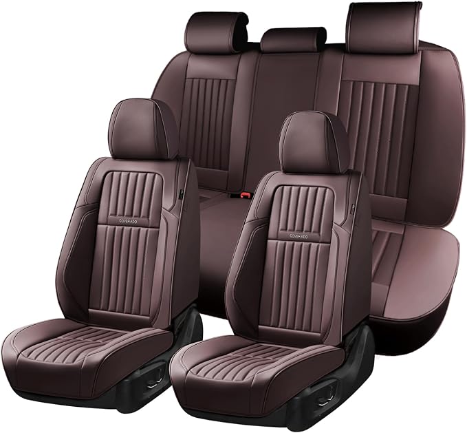 Coverado Car Seat Covers Full Set, Seat Covers for Cars, Car Seat Cover, Car Seat Protector, Leather Car Seat Cushion, Waterproof Car Seat Covers Front Seats and Back Fit for Most Cars(Coffee) by COVERADOAUTO