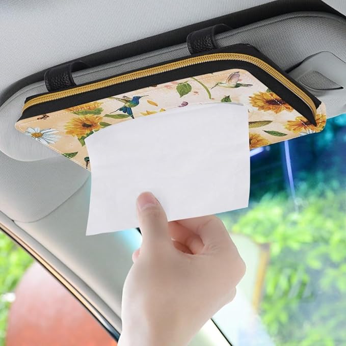 Biyejit Car Tissue Holder, Sunflower Hummingbirds Car Visor Tissue Holder for Car PU Leather Tissue Box Holder for Car Sun Visor & Seat Back - Image 3
