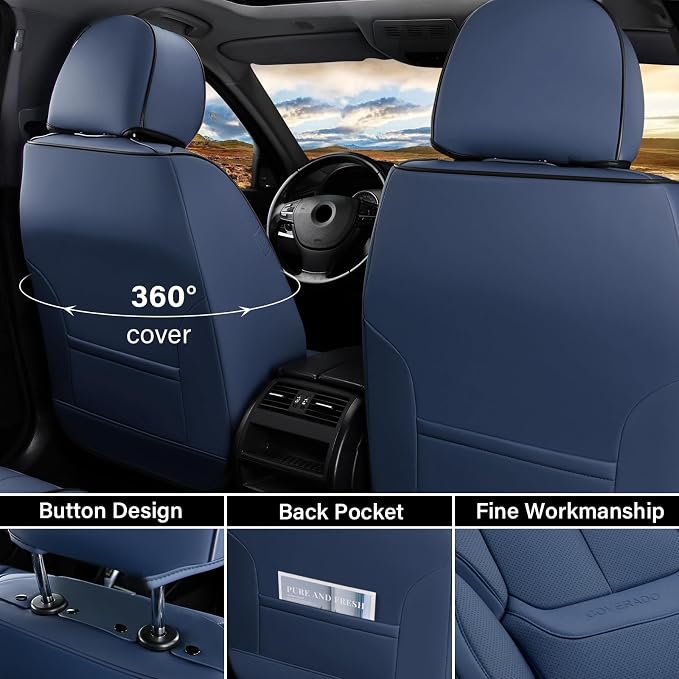 Coverado Car Seat Covers Full Set, Seat Covers for Cars, Car Seat Covers Front Seats and Back Car Seat Protector Waterproof, Leather Car Seat Cushion Universal Fit for Most Cars Blue - Image 3