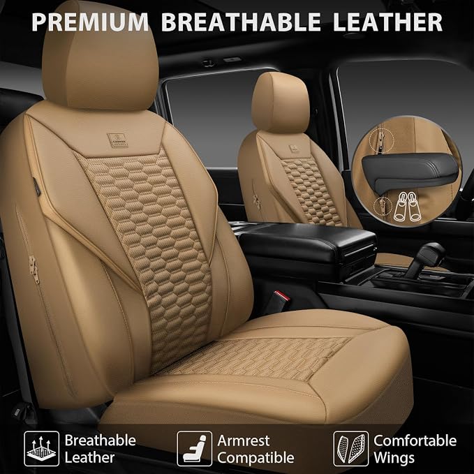 CAR PASS 3D Foam PU Leather Car Seat Covers Full Set,Tan Breathable Faux Leather Seat Covers for Car,Anti Slip Universal Fit for SUVs Vans Sedan Truck Automotive,Armrest Airbag Compatible All Beige - Image 2