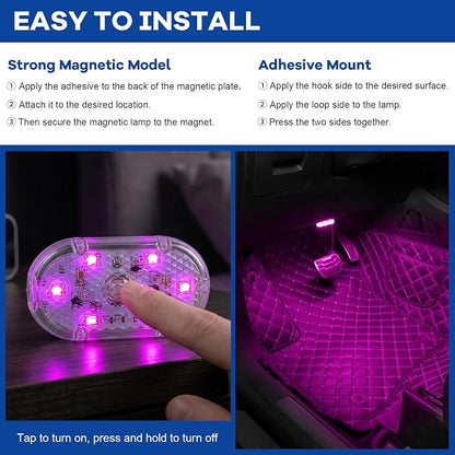 2 PCS Car LED Lights Interior Wireless, Sticky Vehicle Interior Ambient Light with 6 LED Lamp Beads, Portable Reading Light USB Rechargeable Decorative Lamp for Cars (Pink) - Image 4