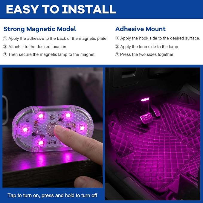 2 PCS Car LED Lights Interior Wireless, Magnetic Vehicle Interior Ambient Light with 6 LED Lamp Beads, Portable Reading Light USB Rechargeable Decorative Lamp for Cars (Pink) - Image 4