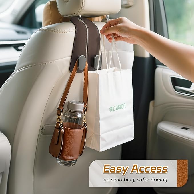 Car Seat Headrest Hooks, 4PCS Universal Car Purse Hook Leather Car Bag Hook | Brown Car Bag Purse Holder with Double Metal Hooks for Handbags, Grocery Bags, Bottles, Phones - Image 4