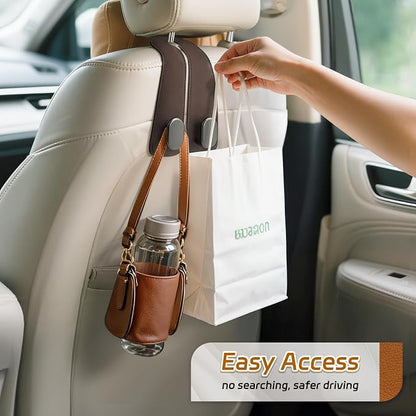Car Seat Headrest Hooks, 4PCS Universal Car Purse Hook Leather Car Bag Hook | Brown Car Bag Purse Holder with Double Metal Hooks for Handbags, Grocery Bags, Bottles, Phones - Image 4