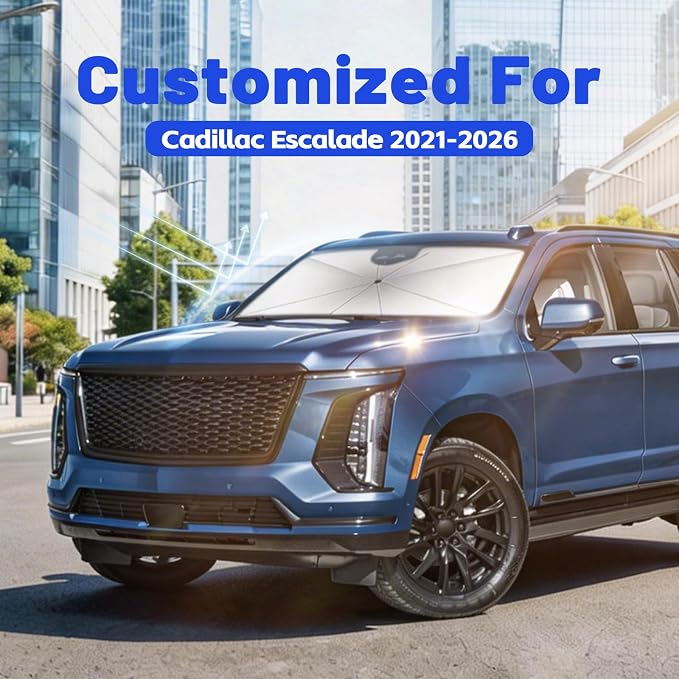 Car Windshield Sun Shade Umbrella for Cadillac Escalade 2021-2026, 1:1 Fit | [Reflective Coated Fabric] Car Shades Sun Visor Keep Car Cool and Protects Interior, Sunshade Umbrella for Front Window - Image 2