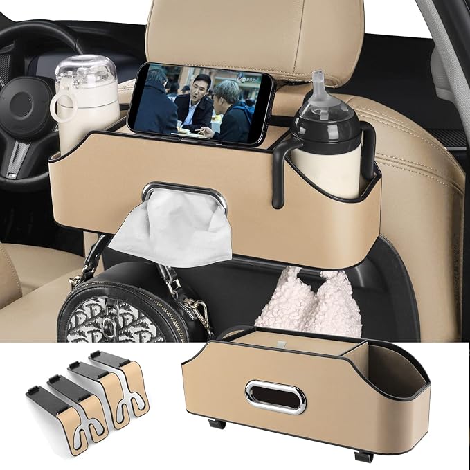 HOLDCY Car Back Seat Organizer with 2 Drink Cup Holder - Tissue Box and Storage Box Hook - Multi-functional Storage - Great for Kids and Travel (Beige) | Rigid ABS Frame With Pu Leather, Dual Hooks And Tool-Free Mounting For Cars, Suvs And Trucks With ... by HOLDCY