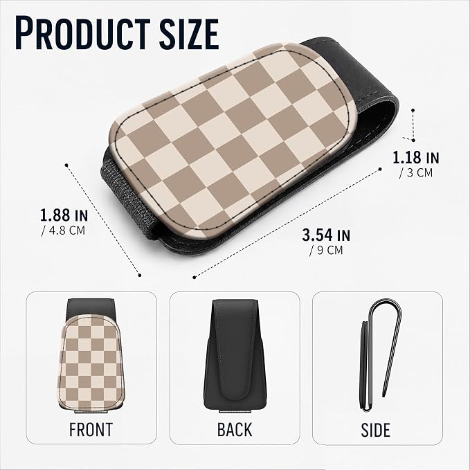 Leather Magnetic Sunglass Holder for Car Sun Visor, Cute Eyeglass Ticket Card Hanger Clip, Universal Auto Interior Accessories for SUV Pickup Truck, Beige Checkered - Image 3