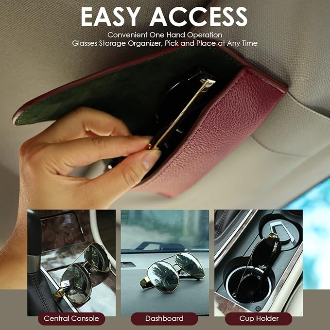 Magnetic Sunglass Holder for Car Visor, Leather Car Glasses Holder | Red Visor Accessories Eyeglasses Holder Glasses Storage Case - Image 4