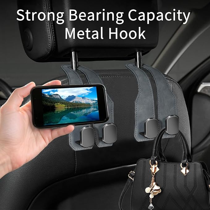 Car Purse Hook, Car Seat Headrest Hooks, Grey Leather 2 Pack | Car Purse Holder Hooks, Universal Car Hangers Seat Back Organizer Storage, Double Metal Hooks for Grocery Purses and Bags - Image 3