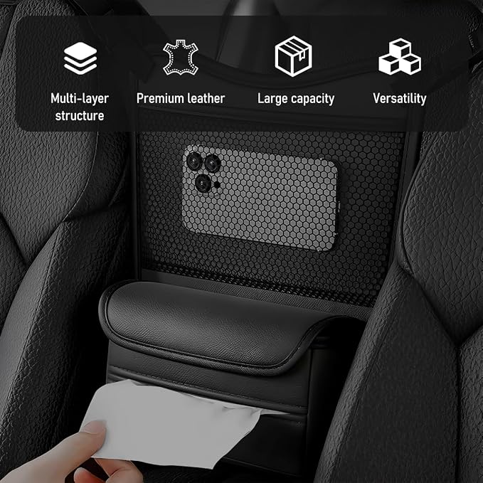 Car Organizer Storage Between Seats, Nappa Leather Front Seat Storage Bag with Tissue Holder, Automotive Console Hanging Net Pocket Handbag Holder for Phone Document (Black) - Image 5