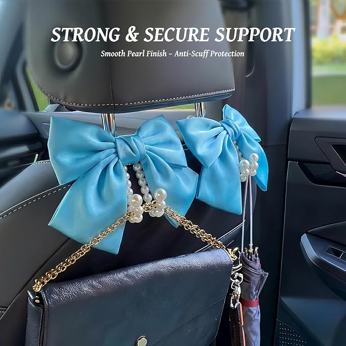 2 PCS Bow Pearl Car Seat Headrest Hook – Cute Purse Hook for Car, Girly Interior Decoration Accessories Hook Hanger, Seatback Holder for Purses & Bags, Elegant Car Organizer (Sky Blue) - Image 3