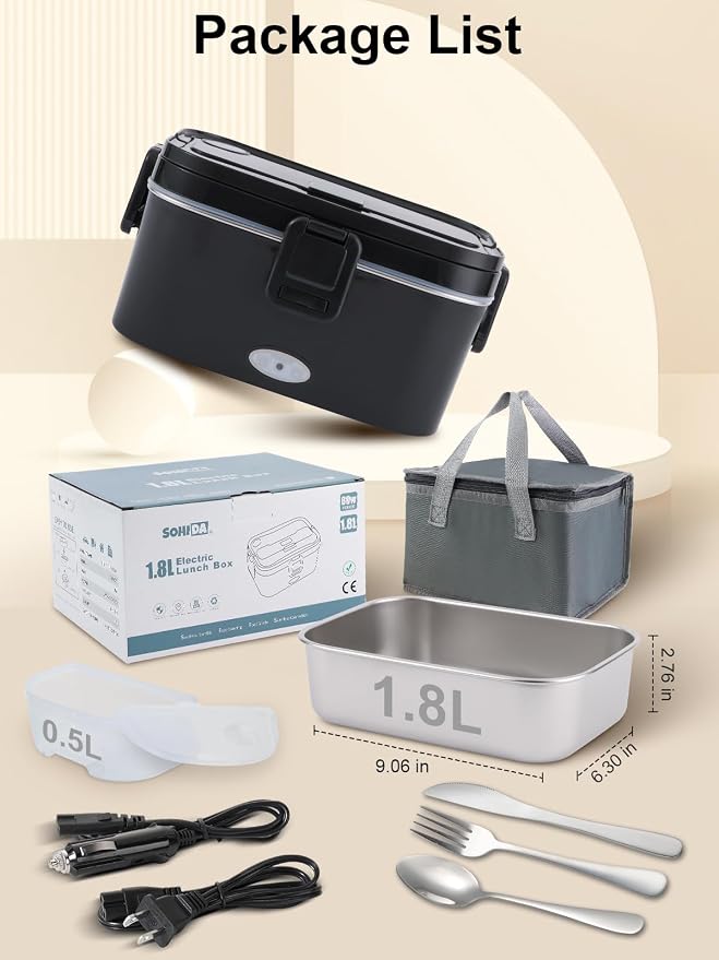 1.8L Heated Lunch Box for Men, Portable Food Warmer for Car/Truck/Office | Sohida 80W Electric Lunch Box for Adults: Leak-Proof and Dishwasher-Safe, 12V/24V/110V Lonchera Eléctrica Portátil for Worker - Image 7