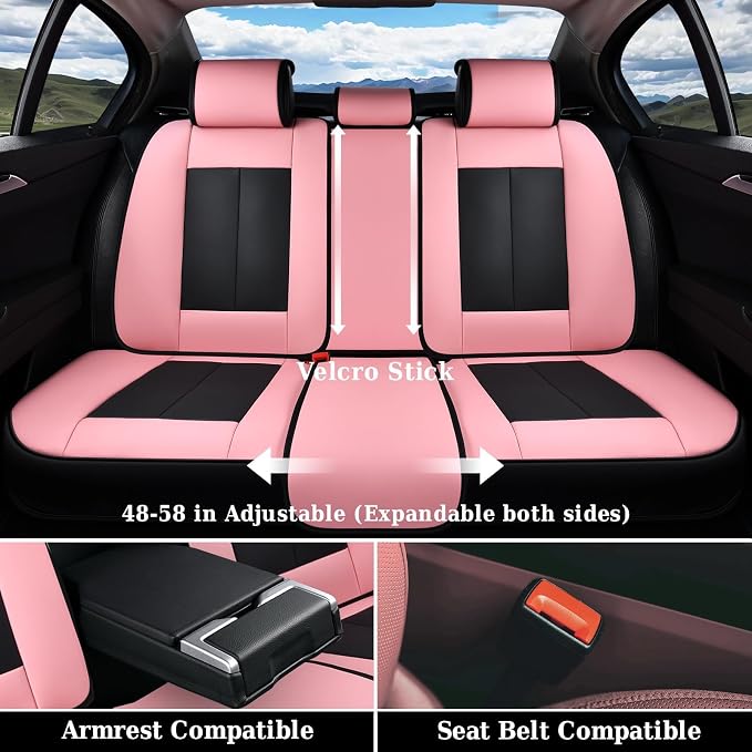 Coverado Car Seat Covers Full Set, Waterproof Nappa Leather Seat Covers for Car, Car Seat Protector with Lumbar Support, Automotive Seat Covers Universal Fit for Most Cars SUV Trucks, (Black&Pink) - Image 2