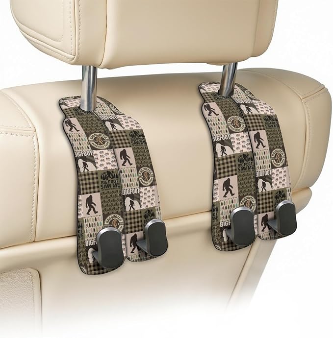 Car Seat Back Headrest Hooks - 2 Pack, Bigfoot Patchwork Pattern Purse Hook for Car, Metal Leather Multifunctional Auto Hanger Organizer for Bags Water Bottles Phones - Image 2