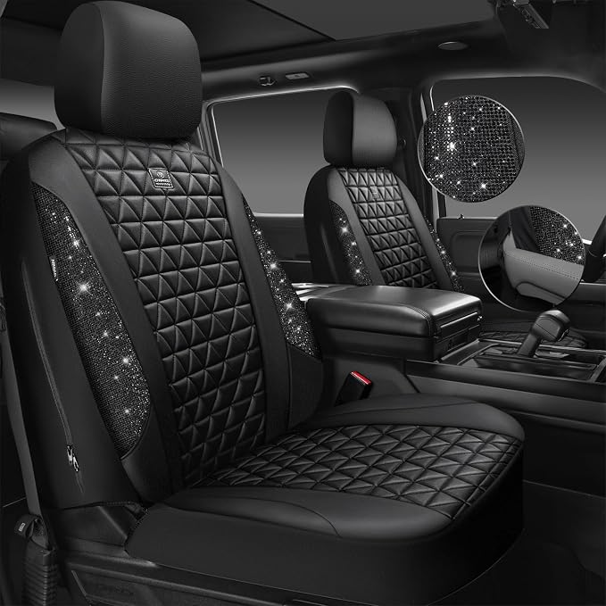 CAR PASS Bling Diamond Leather Car Seat Covers 2 Front Seats Interior Sets, Waterproof Shining Glitter Sparkly Crystal Universal Armrest Fit Automotive Truck SUV Cute Women Girl, Black PU Rhinestone - Image 8