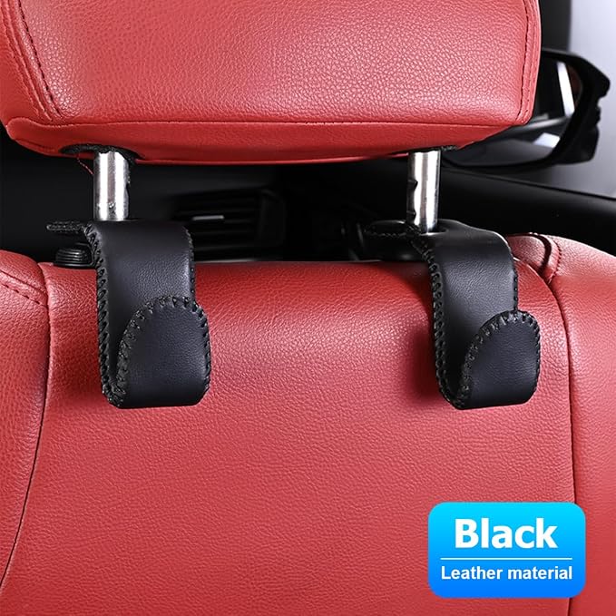 Zpana 2PCS Car Headrest Hooks Genuine U-Shaped Hanging Holder Black | Genuine leather surface, suspended structure, rotates for front or back seat use, universal fit, automotive accessories - Image 6