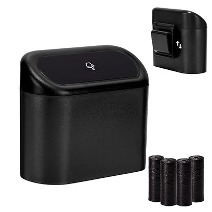 Ginsco Mini Car Trash Can with Lid, Small Car Garbage Can, Cute Leakproof ABS Car Trash Bin, Car Accessories for Interior, Garbage Bin for Car, Home, Office with 60pcs Trash Bags Black by Ginsco