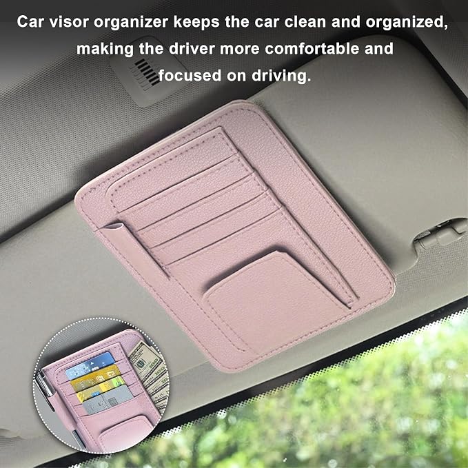 Dickno Small Leather Car Sun Visor Organizer, Multifunctional Auto Visor Document Holder with Sunglasses Clip, Universal Car Interior Organizer for Drving License, Card, Pen (Pink) - Image 4