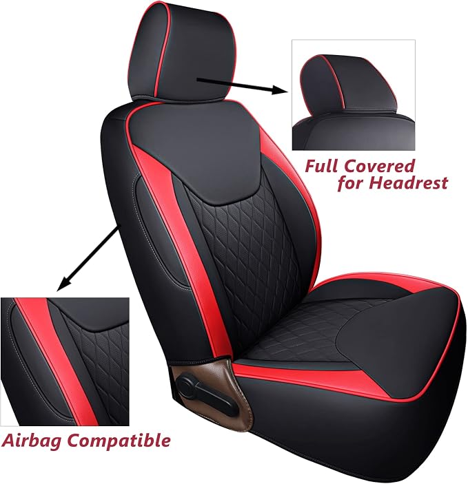 Coverado Seat Covers for Jeep Wrangler JK JL, Leather Red Seat Covers for Truck Automotive Seat Covers Custom Fit for 2007-2026 Jeep Wrangler 2-Door/4-Door（Front） - Image 5