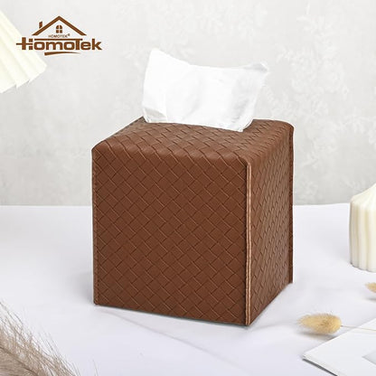 HOMOTEK 2 Pack Tissue Box Cover, Square PU Leather Tissue Holder, Decorative Facial Tissue Cube Paper Organizer Dispenser for Bathroom, Night Stands, Desk, Car 5X5X5'' - Woven Waffle,Chocolate - Image 4