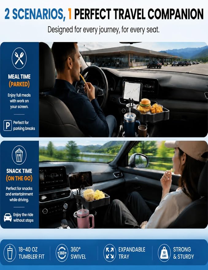 Car Cup Holder Tray, 10 Inch 4-in-1 Cup Holder Tray, 360° Rotating Drink Holder Expander with Detachable Food Tray & Phone Holder, Road Trip Essentials - Image 6