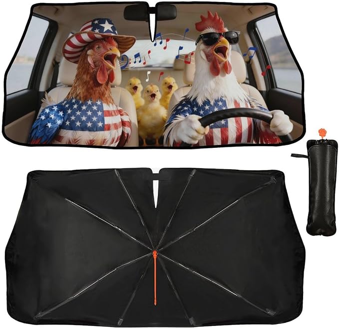 Socira Rooster American Flag Chicken Car Windshield Sunshade Umbrella Car Foldable Umbrella Sunshade for Front Window UV Reflector Auto Windshield Umbrella Sun Shades Cover for Most Vehicles 57'' X 30 by Socira