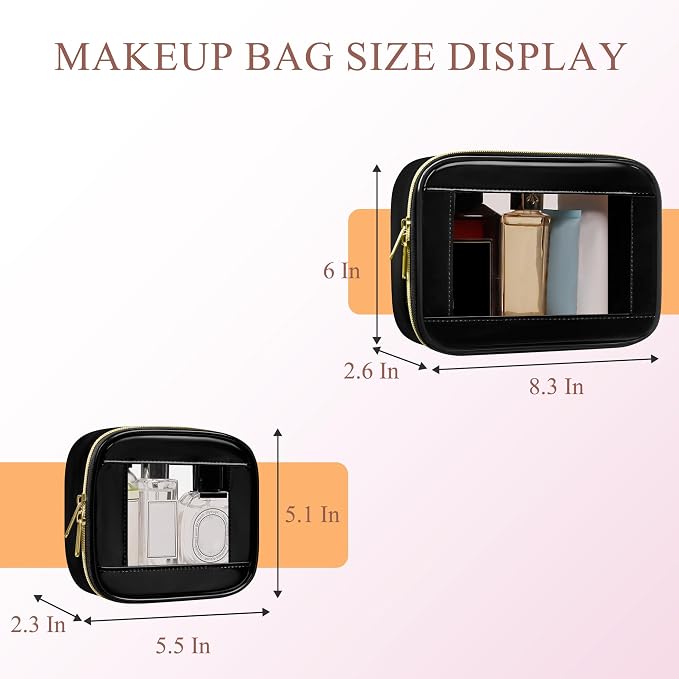 2-Piece Leather Clear Makeup Bags Set - Waterproof Clear Cosmetic Bag Case with Zipper, Transparent TSA Approved Toiletry Bag for Travel, Car Accessories for Women (Black-2, Mini+Medium) - Image 2
