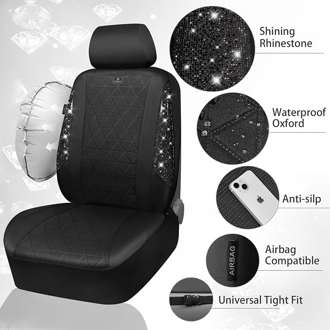 CAR PASS Oxford Bling Diamond Car Seat Covers Full Set Interior Sets, Waterproof Shining Glitter Sparkly Crystal Universal Armrest Fit 95% Automotive Truck SUV Cute Women Girl, All Black Rhinestone - Image 3
