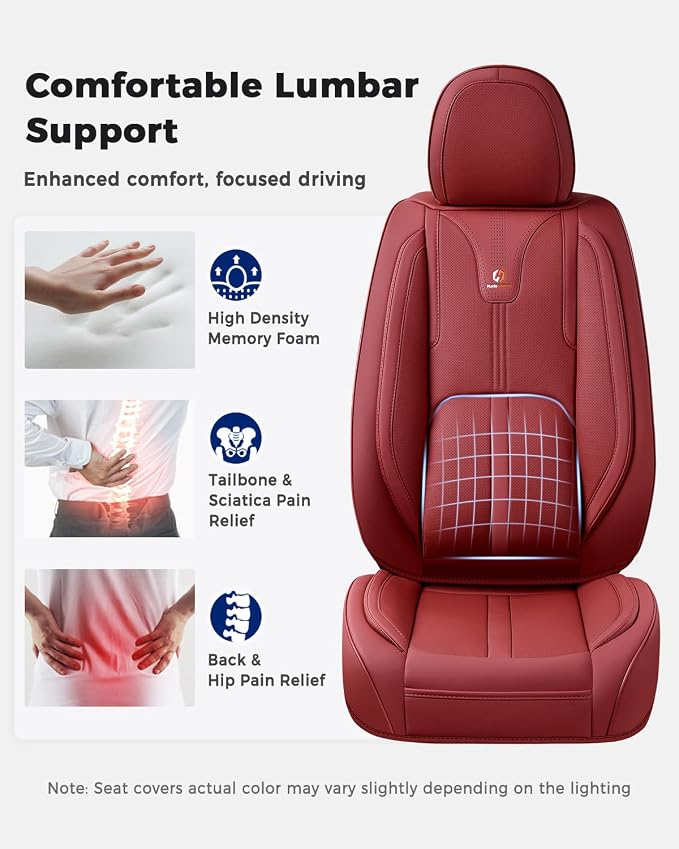 Huidasource Red Front Seat Cover Luxury Nappa Leather, Front Car Seat Cover with Airbag, Front Storage Pocket, Lumbar Support, Cooling＆Heating, Seat Covers Universal Fit for Most Cars SUV Trucks, Red - Image 3
