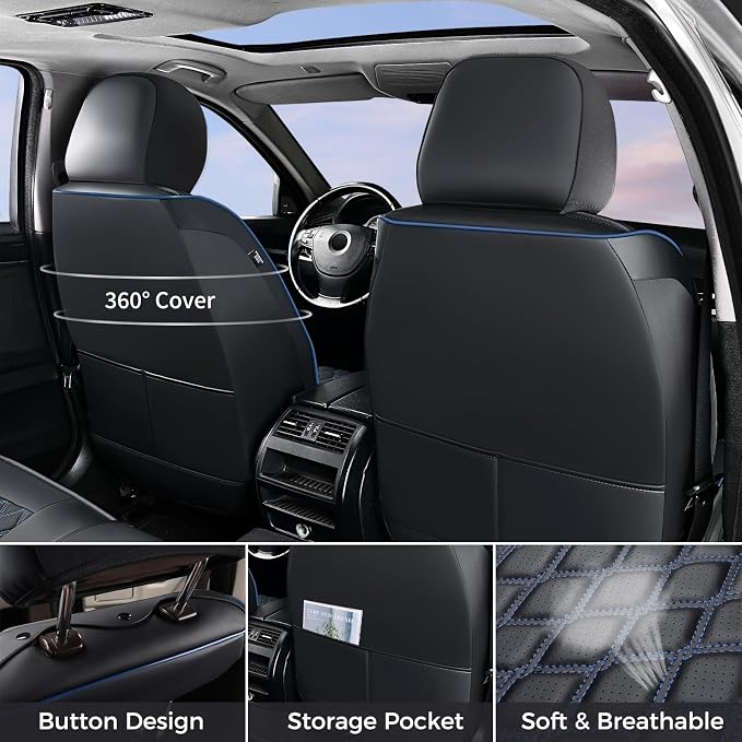 Huidasource 2D/4D Front Seat Covers for Wrangler JK 2007-2017, Black&Blue | Waterproof Leather Front Car Seat Protector Custom Fit for Wrangler JK 2-Door/4-Door Rubicon Sahara Freedom Willys - Image 2