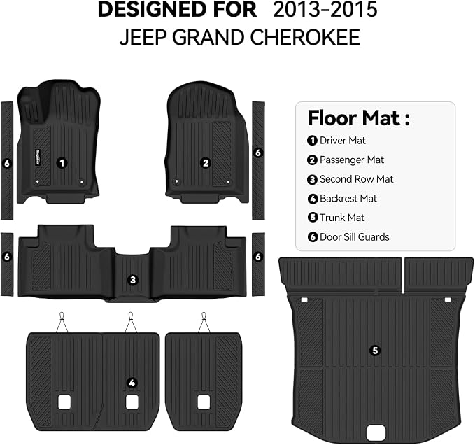 Floor Mats for 2013-2015 Jeep Grand Cherokee Accessories | Trunk Mat and Backrest Mat & Door Sill Guard All Weather TPE Protector Odorless Full Set Interior Floor Liners - Image 2