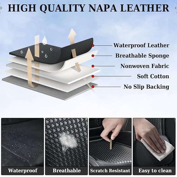 Coverado Seat Covers, Car Seat Covers Front Seats, Waterproof Nappa Leather Auto Seat Cover with Lumbar Head Pillow, Black Seat Covers Carseat Cover Universal Fit for Most Cars - Image 7