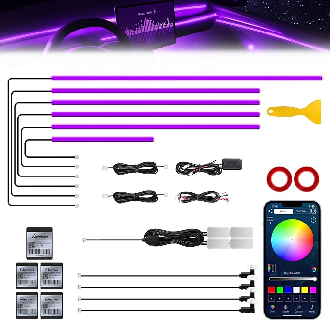 RGB Acrylic Interior Car LED Strip Light with Wireless APP, 14 in 1 with 175 inches 593 LEDs Neon LED Strip Light, 16 Million Colors Dynamic Music Sync Car Ambient Lighting Kits by MAODANER