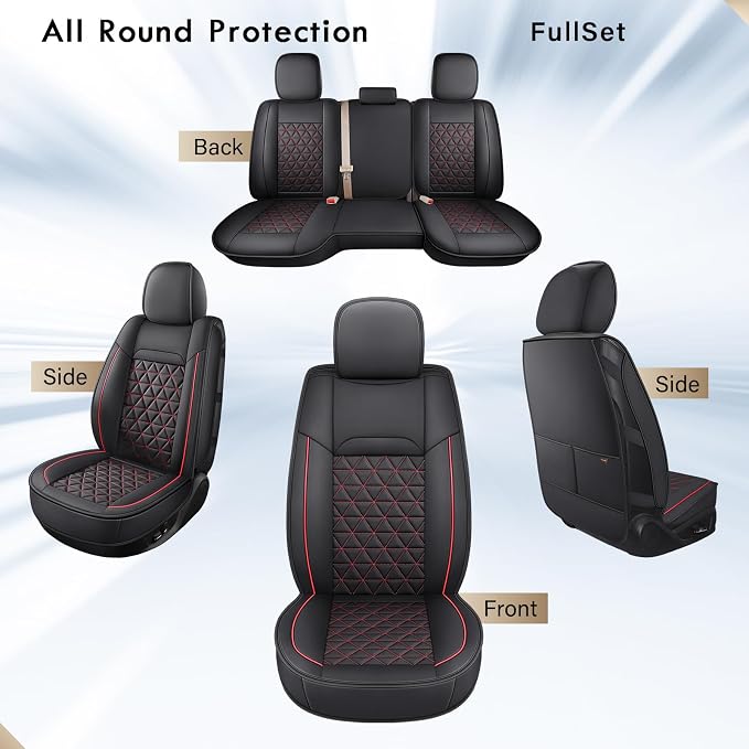 Coverado Dodge Ram Seat Covers Full Set, Waterproof Truck Car Seat Cover Protectors Custom Fit for 2002-2026 Dodge RAM 1500 2500 3500 with Curved Bench(Black&Red line) - Image 6