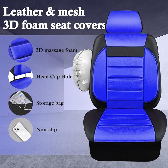 CAR PASS Leather Car Seat Covers Front Seats Only, Universal Fit Automotive Interior Waterproof 3D Foam Back Support Car Seat Covers for Trucks Vans and SUVs Airbag Compatible 2 Pieces Black Blue - Image 3