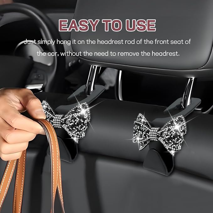 2PCS Bling Bow Car Seat Headrest Hook, Cute Bow Purse Hanger for Cars, Crystal Rhinestone Auto Seat Back Storage Hanging Hooks for Handbag Umbrella Coat Grocery Bags, Car Accessories (Black) - Image 5