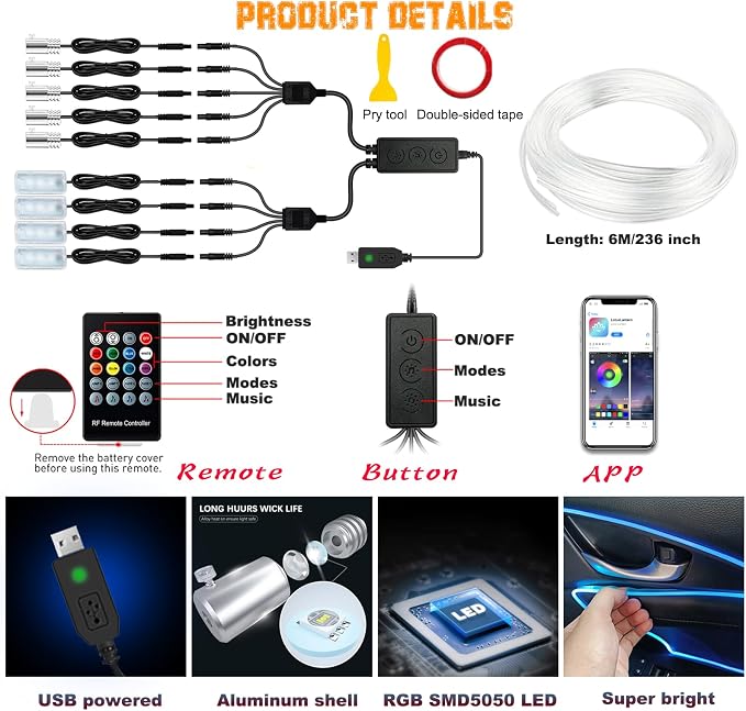 Jushope Car LED Lights, Interior Car Lights with Wireless APP/RF Remote/Button Control, Car Ambient Lighting Kit with 236" Integrated Molding Fiber Optic RGB Sync to Music (9 in 1-USB) - Image 4