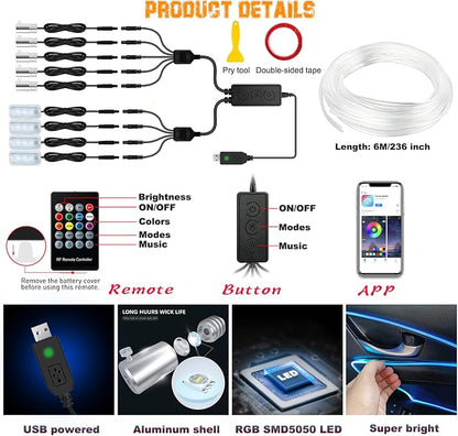 Jushope Car LED Lights, Interior Car Lights with Wireless APP/RF Remote/Button Control, Car Ambient Lighting Kit with 236" Integrated Molding Fiber Optic RGB Sync to Music (9 in 1-USB) - Image 4