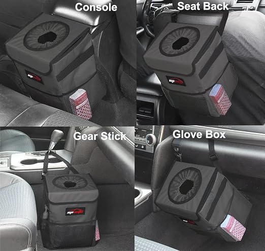 EPAuto Waterproof Car Trash Can with Lid and Pockets, 2.5 Gal, Dark Gray | Leakproof, Collapsible Multipurpose Car Bin with 3 Side Storage Pockets, Adjustable Straps - Image 3