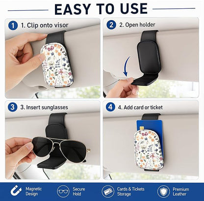 Leather Magnetic Sunglass Holder for Car Sun Visor, Cute Eyeglass Ticket Card Hanger Clip, Universal Auto Interior Accessories for SUV Pickup Truck, Soft Floral - Image 5