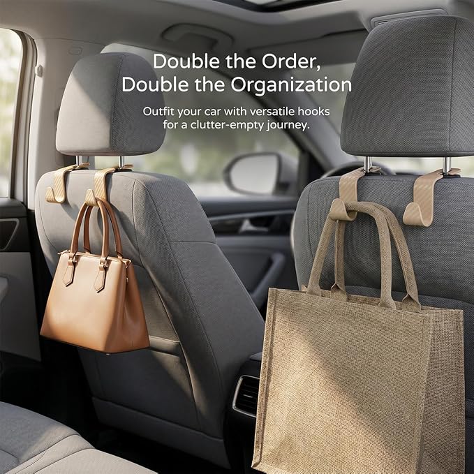 4 Pack Headrest Hooks for Vehicle Seats, Carbon Fiber/Beige | rear-row hanging storage, supports bags coats and groceries, fits matching headrest posts, interior accessory - Image 6