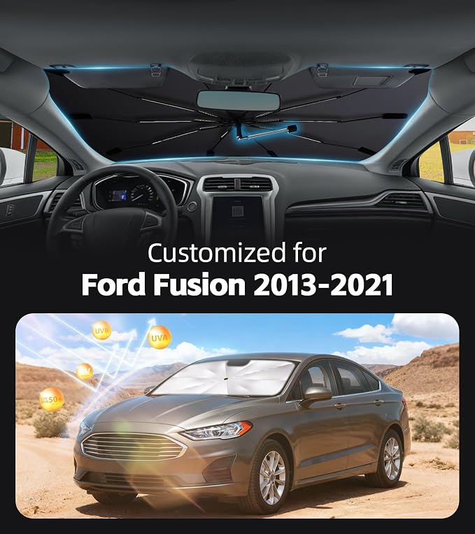 Windshield Sun Shade for Ford Fusion 2013-2021 with 360° Rotating Shaft | Custom Fit Umbrella Sunshade for UV Blocking, Interior Heat Protection, Easy Storage, UPF 50+ Cool Windshield Cover - Image 2
