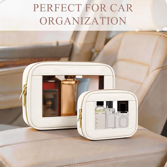 2-Piece Leather Clear Makeup Bags Set - Waterproof Clear Cosmetic Bag Case with Zipper, Transparent TSA Approved Toiletry Bag for Travel, Car Accessories for Women (Beige-2, Mini+Medium) - Image 5