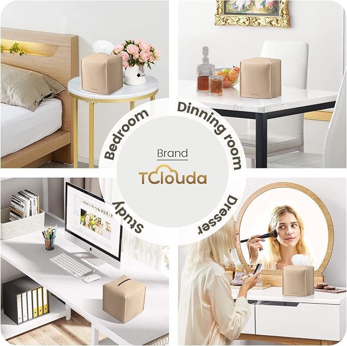 Tissue Box Cover, Tclouda, Modern PU Leather Square Tissue Box Holder for Creative Decorative, Ideal for Bathrooms/Office/Car/Nightstand/Outdoor Tent/Dining Table, 5"X5"X5", Single Beige - Image 4
