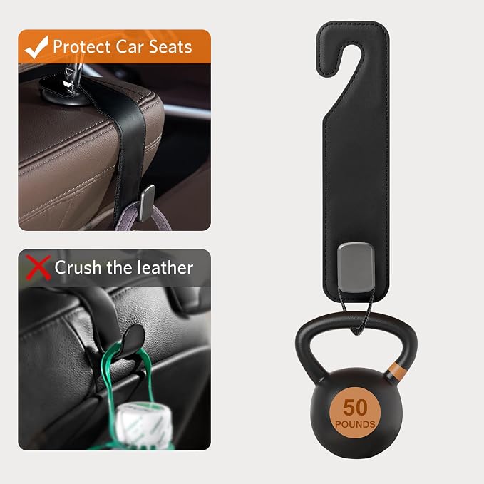 CoBak Headrest Hooks for Car - Universal Premium Stitched Leather and Aluminum-Magnesium Alloy Single Car Seat Back Storage Hook for Purses, Handbags, Bags (2 Pack),Black - Image 4