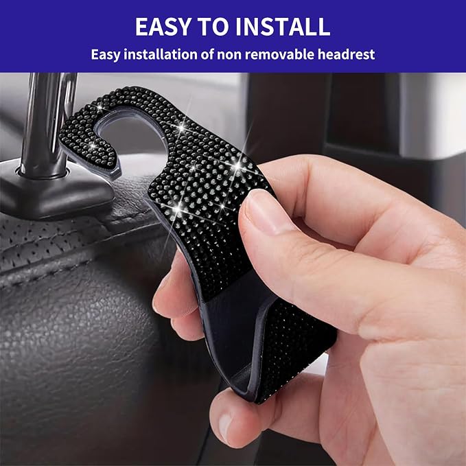 4PCS Bling Car Seat Headrest Hooks, Vehicle Back Seat Purse Handbag Hanging Holder with Crystal Rhinestone, Diamond Storage Organizer Hook,Bling Car Accessories for Women (Blue) - Image 4