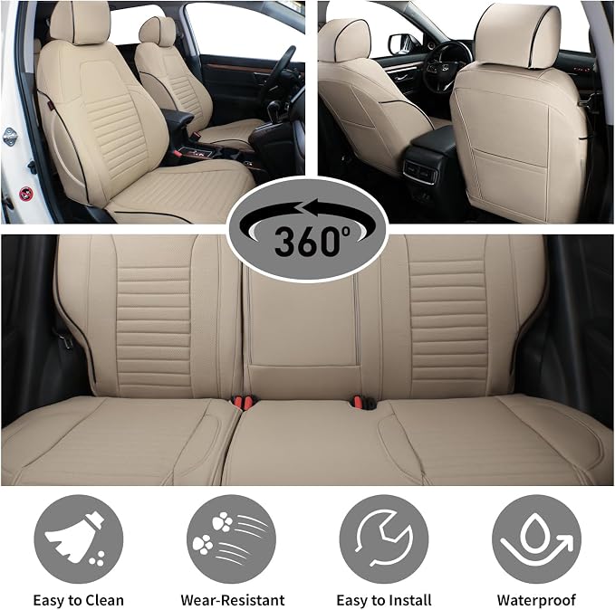 EKR Custom Fit Full Set Car Seat Covers for Select Honda CRV 2017 2018 2019 2020 2021 2022 - Leatherette (Beige) | Custom Fit for Honda CRV 2017 2018 2019 2020 2021 2022,Factory-Style Interior Upgrade,Full Wrap,Faux Leather(Beige) - Image 4