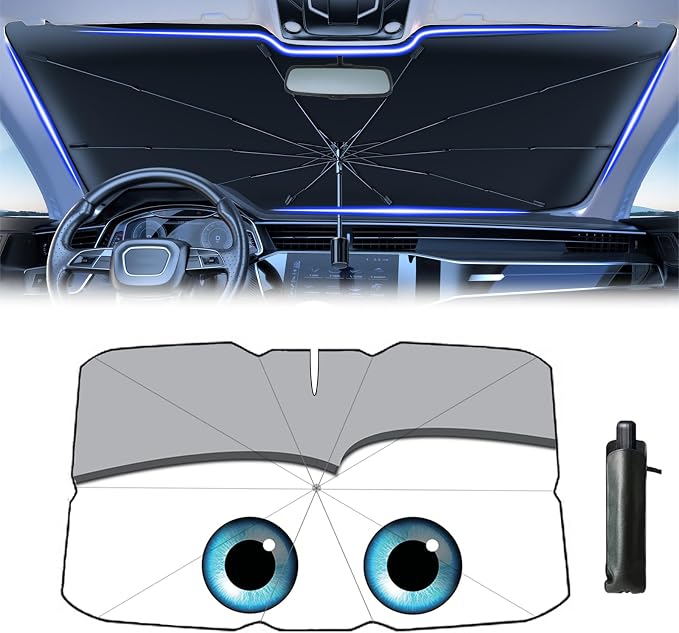 Windshield Sun Shade 2025 Car Accessories 100% Blackout Car Front Windsow Shades Umbrella Automotive Sun Visor Block Heat Insulation Protection (Gry Eyes) - Image 2