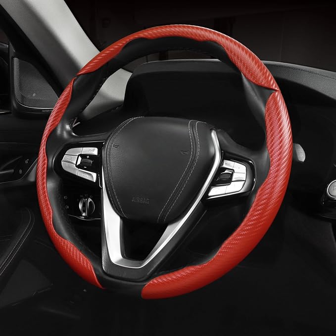 Carbon Fiber Steering Wheel Cover Universal 3pcs Protector Matte Red - Image 3
