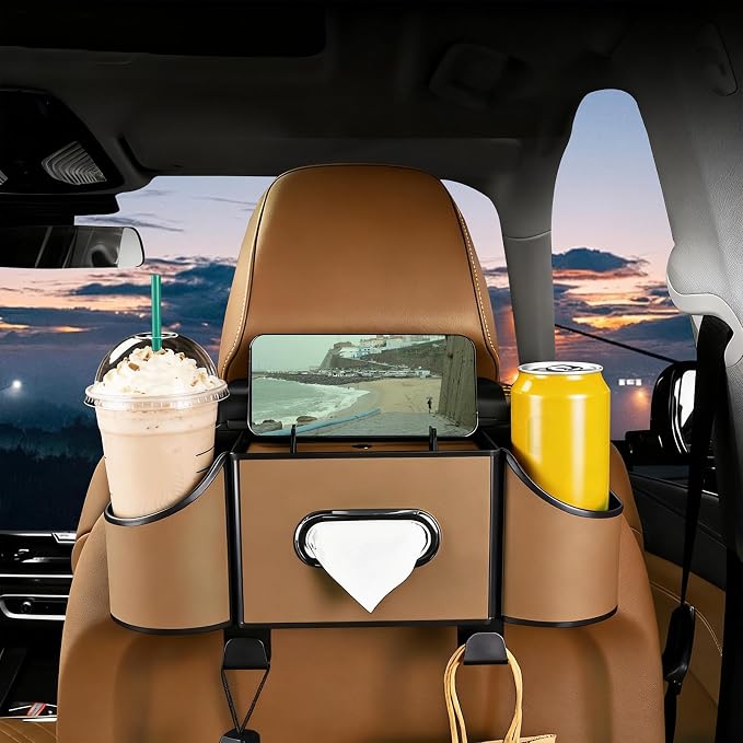 Back Seat Car Organizer,4 in 1 Multifunctional Car Back Seat Storage Box with Drink Cup Holder Tissue Box, for Hold Phone,Snacks, Drinks, Handbag-Light Brown - Image 2